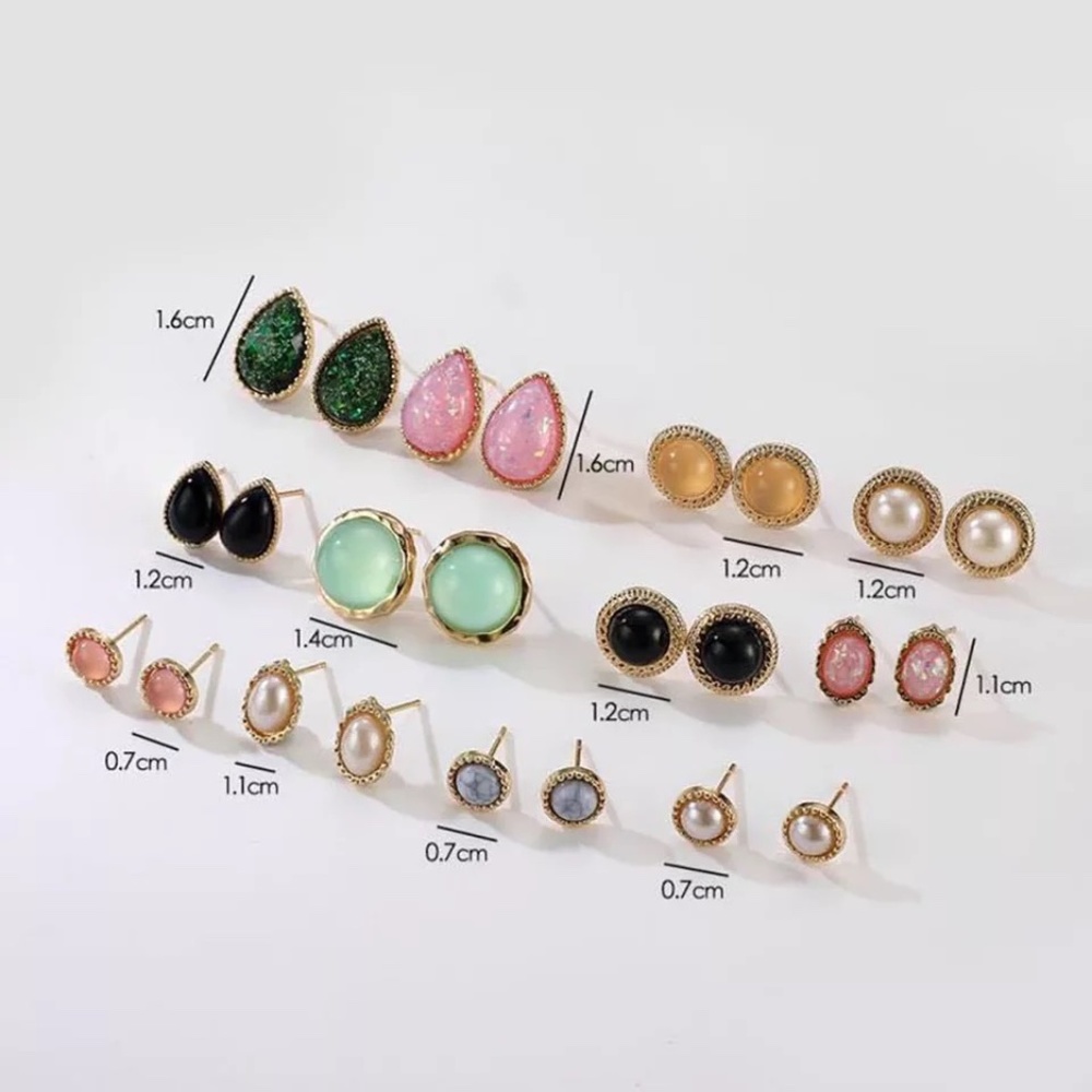 12 Pairs Retro Opal Enamel Stud Gold Earrings Set - Picture 7 of 11